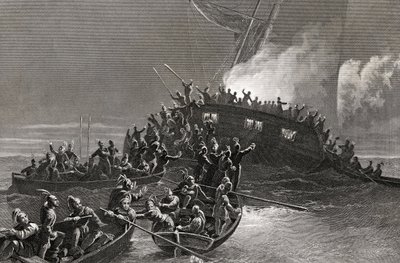 Zerstörung des Schoners Gaspe in den Gewässern von Rhode Island, 1772, graviert von J. Rogers von J. McNevin